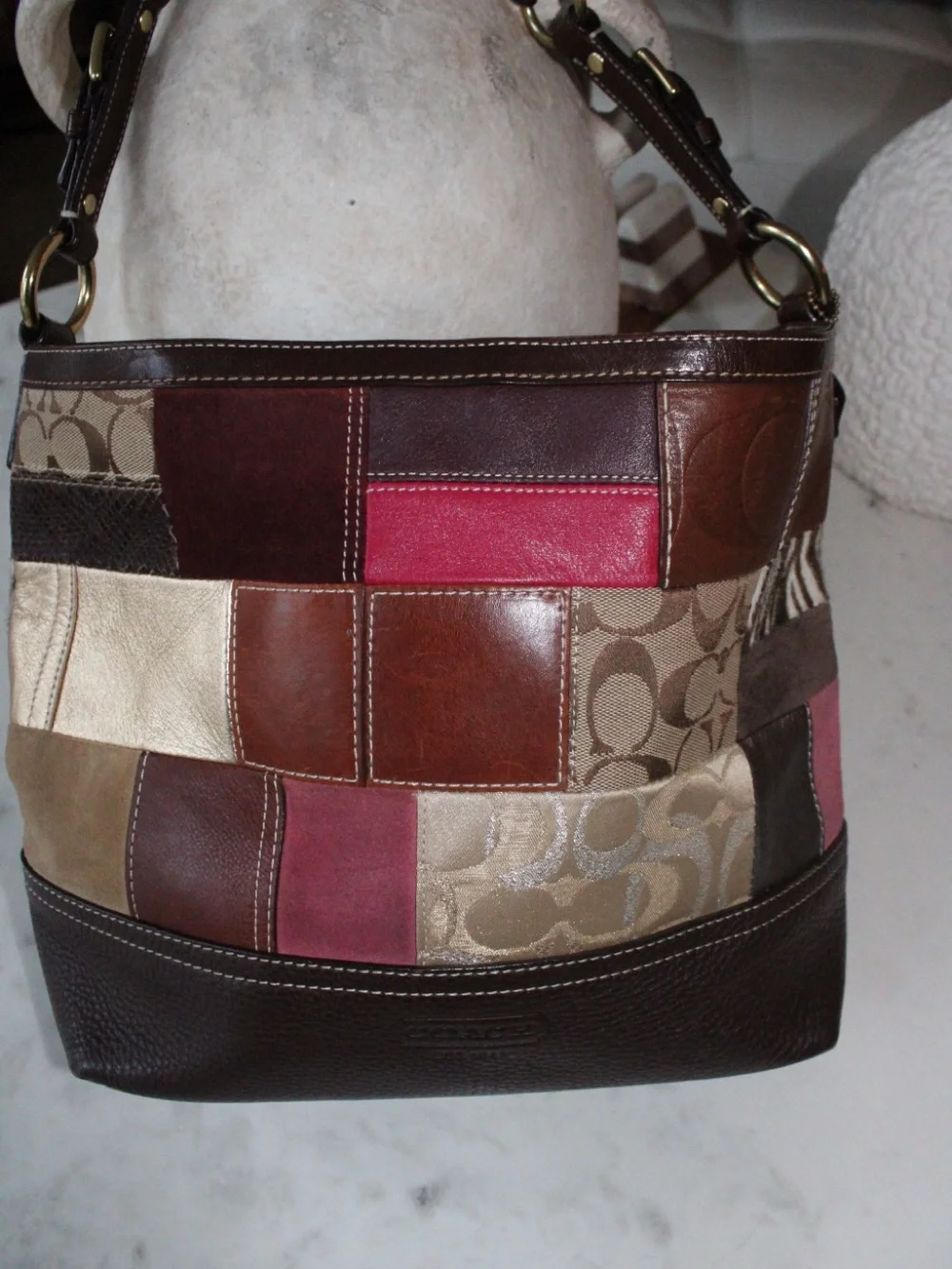Coach Brown Patchwork Signature Canvas & Leather Shoulder Bag with Gold Hardware